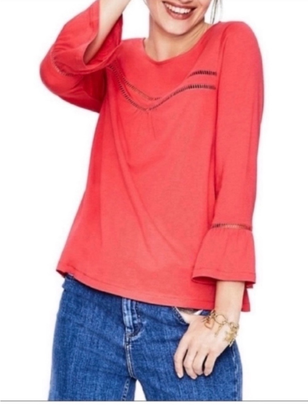 Boden Gracie top red jersey bell sleeves pop peony